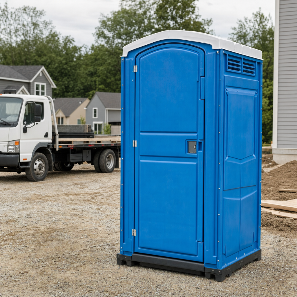 Delivery driver positioning a clean royal-blue portable toilet on level ground at a Surprise worksite