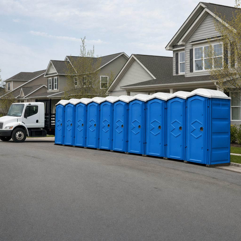 Royal blue portable toilets staged in a tidy row at a Surprise jobsite, ready for delivery